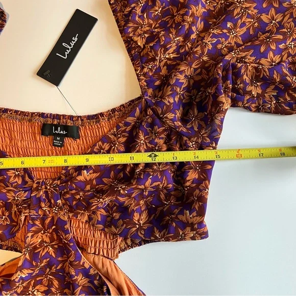 Lulus Dress Size Medium Purple Orange Floral Cutout Tie Front Balloon Sleeve - Picture 10 of 13